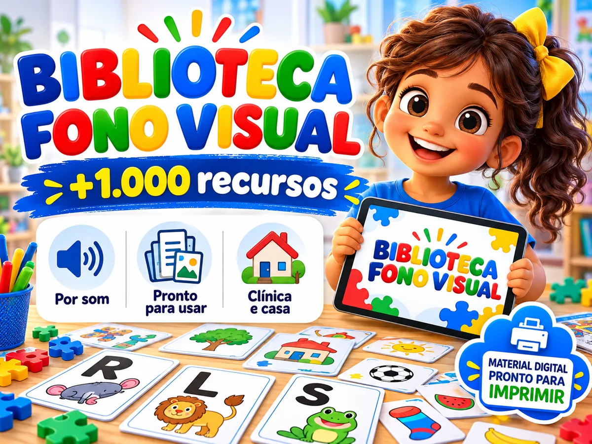 Menina sorridente segurando um tablet com a Biblioteca Fono Visual na tela, cartões com figuras e as letras R, L e S espalhados na mesa