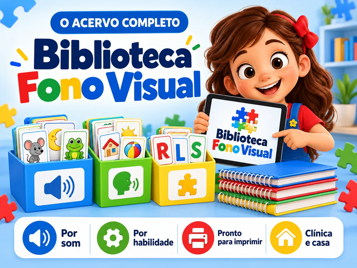 O acervo completo: caixas organizadoras coloridas com cartões de fonemas, tablet com a biblioteca aberta e selos de por som, por habilidade, pronto para imprimir, clínica e casa