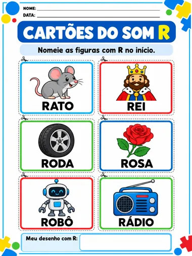 Página do material: cartões do fonema R com figuras