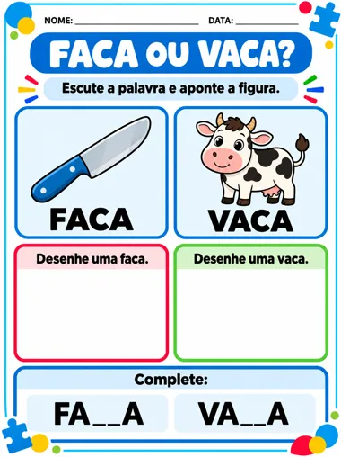 Página do material: par de palavras faca/vaca