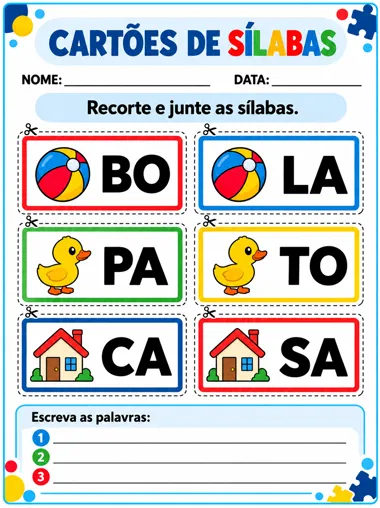 Página do material: cartões de sílabas