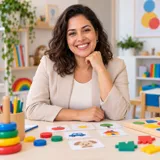 Foto de Carolina Assis, mulher sorridente numa sala de atendimento infantil com cartões de figuras na mesa