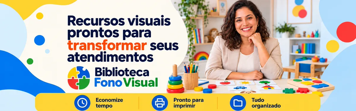 Mulher sorrindo numa mesa com o material impresso, ao lado da frase Recursos visuais prontos para transformar seus atendimentos e a marca Biblioteca Fono Visual